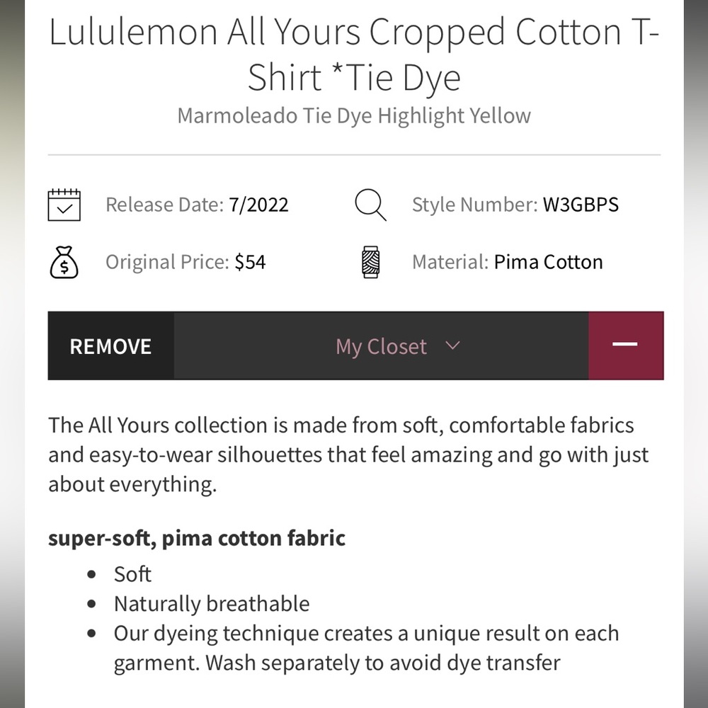Lululemon All Yours Cropped Cotton T-Shirt *Tie Dye Marmoleado Highlight Yellow - Picture 4 of 8